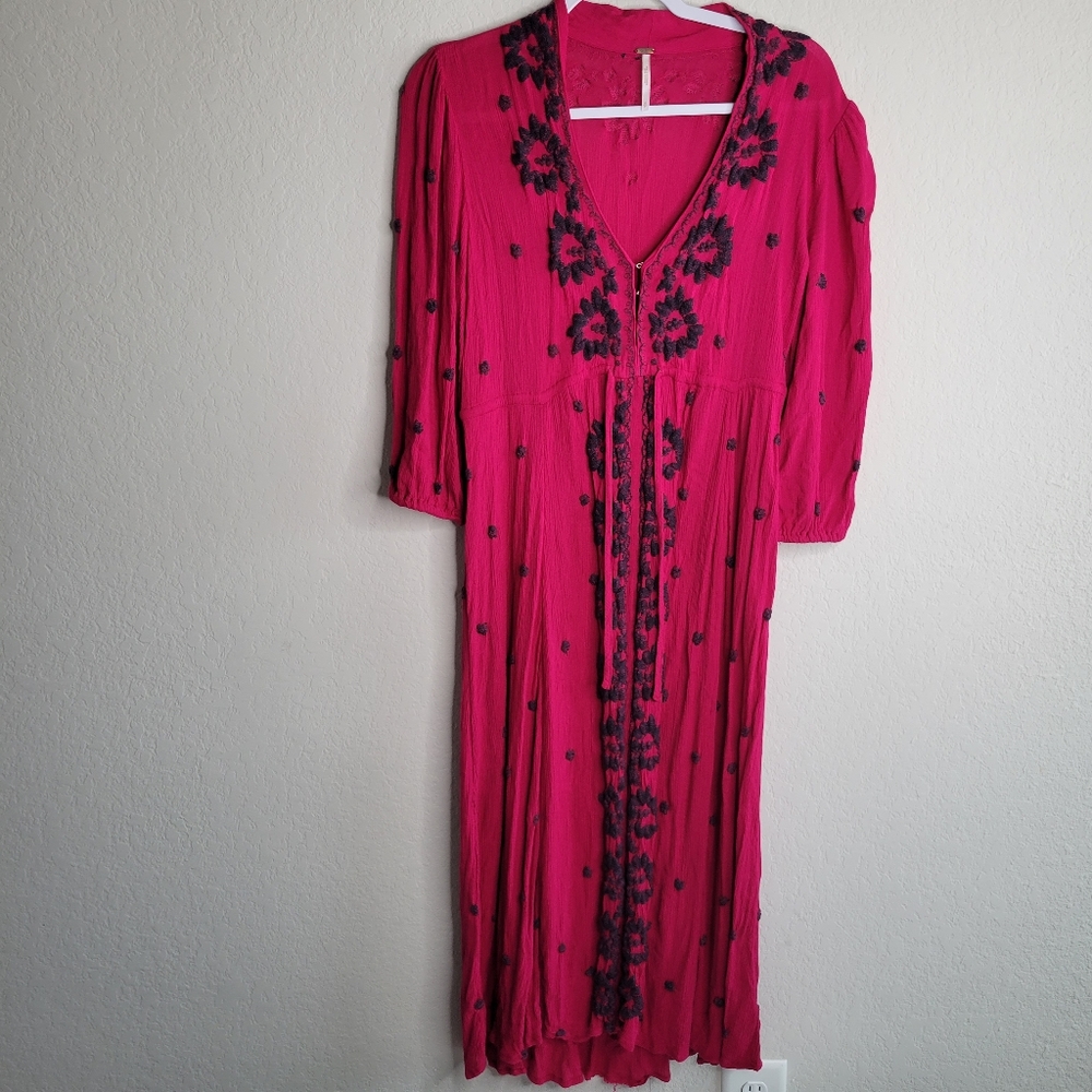 Free people embroidered boho maxi dress hot pink waist draw string size S - Picture 6 of 9